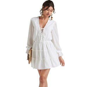 Venus Ruffled Mini Dress Tiered Swiss Dot Balloon Sleeve Bohemian Dress Size XL